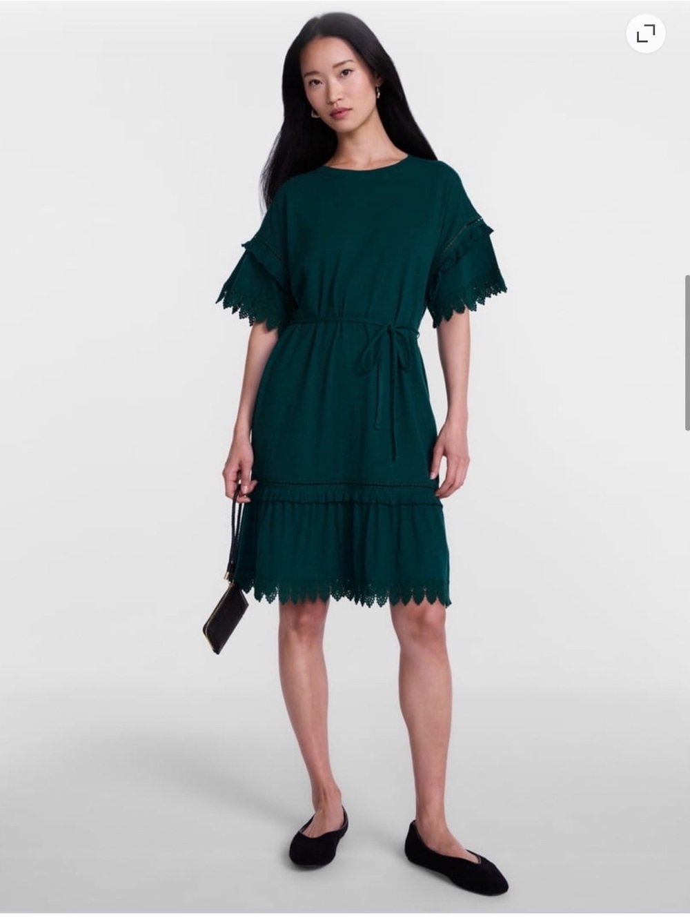 Women's Green Lace-Trim Tie-Waist Dress